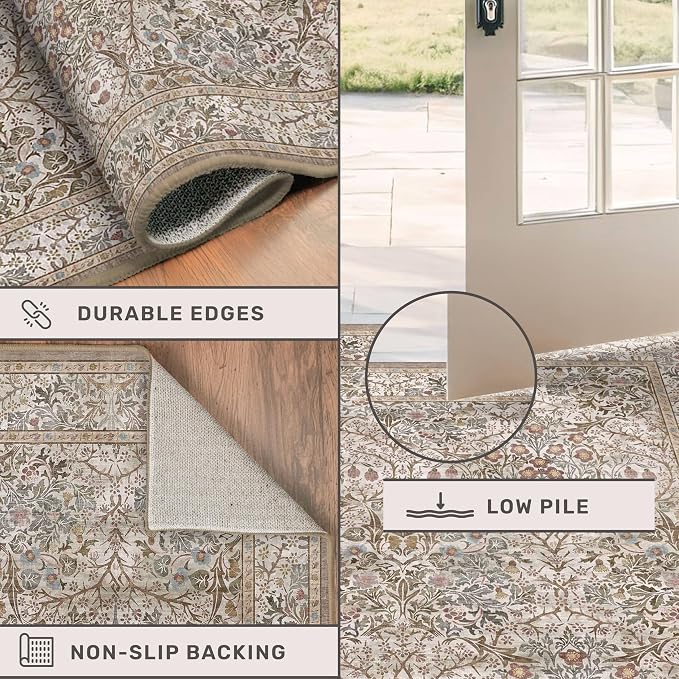 5x7 Washable Moss Green Oriental Area Rug for Living Room - Dining Room Rugs for Under Table, Home Office, Low Pile Non-Slip Floor Carpet for Bedroom - Vintage Brown Design & Stain Resistance Carpet