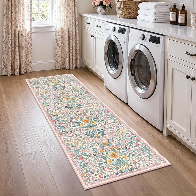 2x6 Washable Runner Rug,Pink Floral Boho Long Rug for Hallway,Low-Pile Non-Slip Stain Resistant Carpet for Kitchen, Bedside,Laundry Room,Entryway