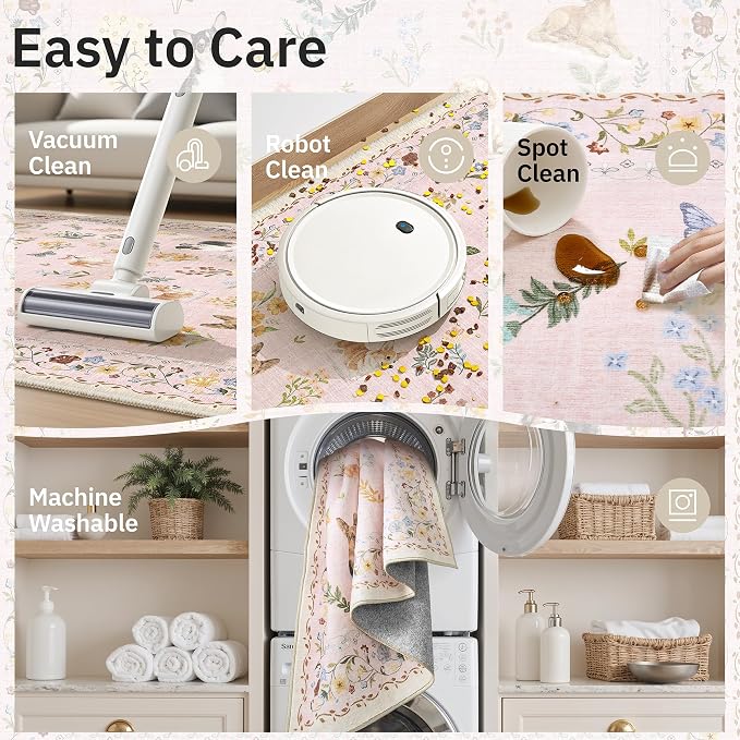 Soalmost Dog 5x7 Pink Area Rugs for Baby Girl Nursery, Washable Soft Rug | Floral Vintage Non-Slip Low Pile Cute Throw Rugs for Living Room Kitchen Dining Room Bedroom Nursery Playroom 5' x 7'
