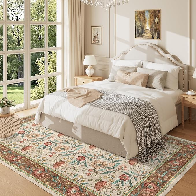 DUKINO 5x7 Area Rugs, Vintage Floral Washable Rug for Living Room, Brown | Non Slip, Low Pile, Non-Shedding, Stain Resistant Lightweight Boho Soft Carpet for Bedroom Home Office Dining Room Farmhouse