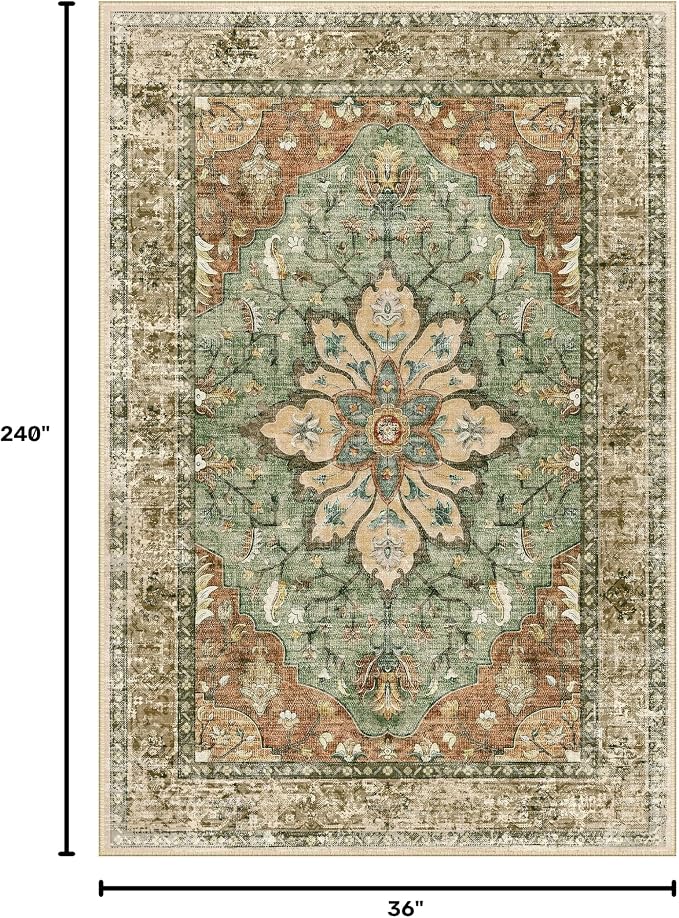 RELEANY Area Rugs Runner 3'x20' Washable Non-Slip, Floral Vintage Distress Medallion Carpet for Kitchen Hallway Bedroom Beside Laundry Room Bathroom, Terracotta Burnt Orange Green