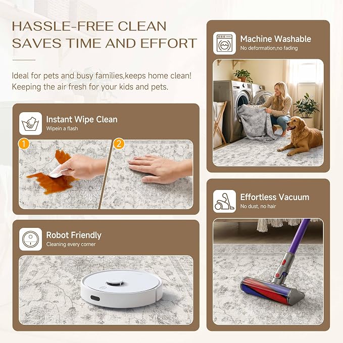 PureCozy 5x7 Area Rug Washable Gray Vintage Oriental Retro | Non Slip, Soft Low Pile, Carpet for Dorm Room, Bedroom, Apartment Living Room, Neutral Decor