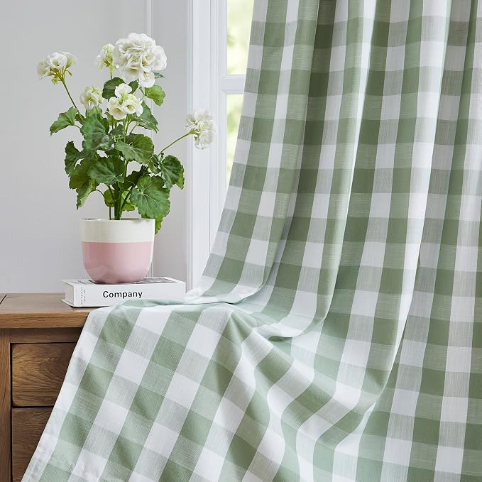 72 Inch Sage Green Plaid Full Blackout Curtains,Gingham Drapes | Gingham Drapes,Farmhouse Thermal Insulated Energy Efficient Window Treatment for Living Room Bedroom,Rod Pocket Back Tabs