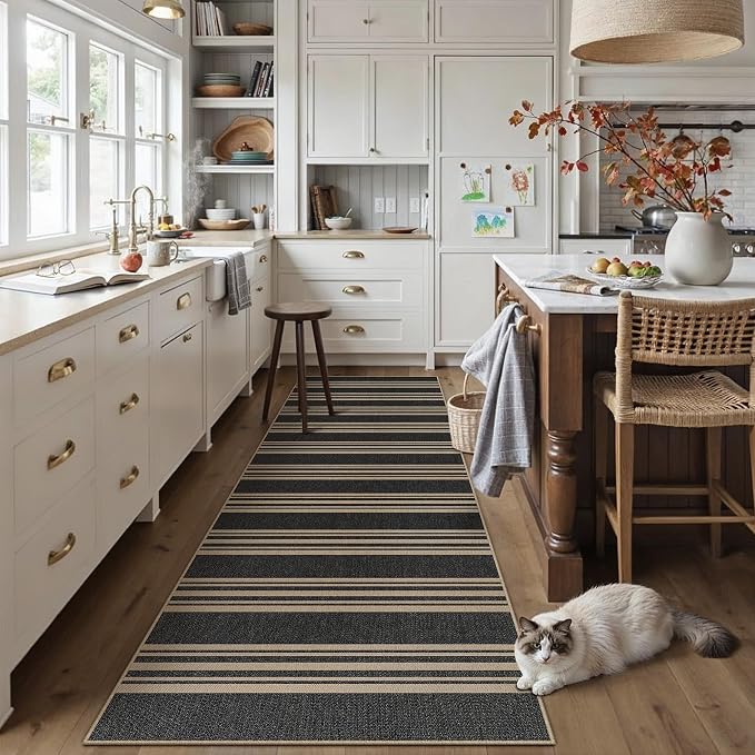 PureCozy Washable Kitchen Runner Rug 2x8 Striped Jute Look Non Slip | 2'6"x8 Black Farmhouse Design, Indoor Outdoor Hallway Runner for Entryway, Laundry Room and Kitchen, Non Shedding, Easy Care