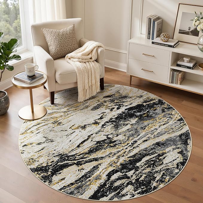 Area Rugs for Living Room: 5ft Round Abstract Washable Rug Modern Neutral Large Soft Stain Resistant Non-Slip for Bedroom Dining Room Indoor Home Office Carpet - Black Gold
