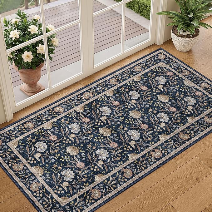 DUKINO 2x4 Rug, Washable Vintage Floral Entryway Rug Non Slip, Navy Blue | Low Pile, Non-Shedding, Stain Resistant Boho Lightweight Soft Indoor Carpet for Kitchen Bathroom Hallway Laundry Farmhouse