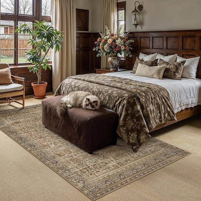 6x9 Brown Neutral Retro Area Rug | Washable, Low Pile, Floral, Soft, Non Slip, Carpet for Living Room Bedroom Dining Room Nursery Office Indoor Home Decor