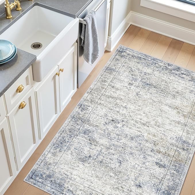 3x4 Rugs for Entryway,Washable Area Rug,Blue | Small Rug for Kitchen,Hallway,Bedroom,Bathroom,Thin,Soft, Neutral Rug,Stain Resistant Indoor Carpet,Non Slip