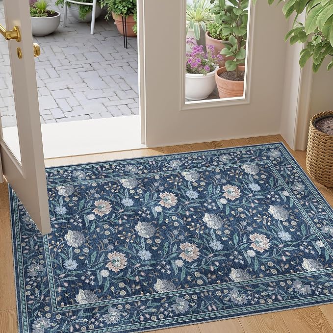 DUKINO 2x3 Rug, Washable Vintage Floral Bathroom Rugs Non Slip, Dark Blue | Low Pile, Stain Resistant Boho Soft Indoor Door Mat, Small Front Door Carpet for Entryway Kitchen Laundry Bedroom Farmhouse
