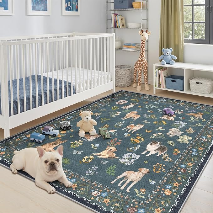 Soalmost Dog 5x7 Area Rugs for Living Room, Washable Soft Rug Navy Blue | Floral Vintage Non-Slip Low Pile Cute Animal Throw Rugs for Kitchen Dining Room Bedroom Nursery Playroom 5' x 7'