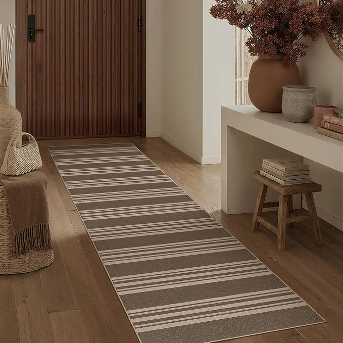 PureCozy Washable Kitchen Runner Rug 2x8 Striped Jute Look Non Slip | 2'6"x8 Brown Stripe Farmhouse Design, Indoor Outdoor Hallway Runner for Entryway, Laundry Room and Kitchen, Non Shedding