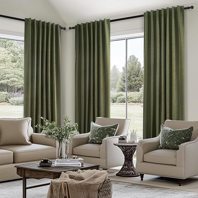 Topfinel Extra Long 132 Inch Olive Green Curtains 2 Panels Set for Living Room Bedroom Rod Pocket/Pleated Light Blocking Thermal Insulated Room Darkening Blackout Curtain/Drapes(W52 x L132 Loden)