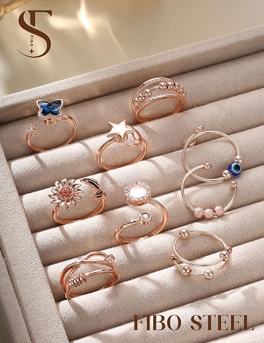 FIBO STEEL 9 Pcs Fidget Anxiety Rings for Women Men Spinner Rings for Anxiety Relieving Stress Open CZ Flower Moon Star Anti Rotatable Rings Adjustable