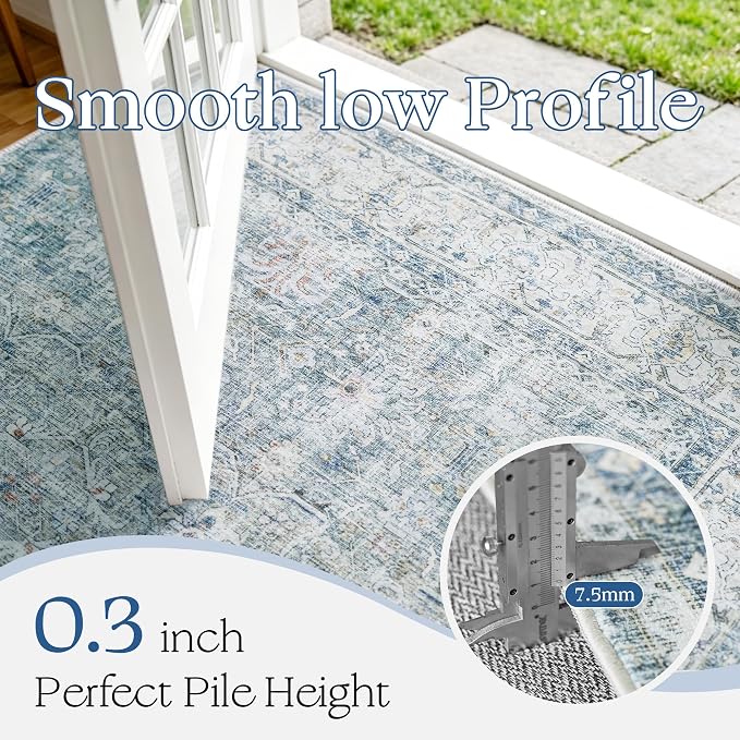 Beauoop 5x7 Washable Blue Neutral Vintage Oriental Area Rug for Living Room | Distressed Retro Traditional Pattern Non Slip Low Pile Soft Indoor Large Carpet Dusty Blue Bedroom Dining Room Office Nursery
