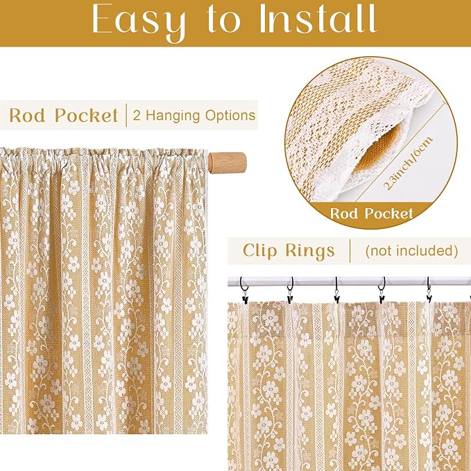 ASPMIZ Linen Valances for Windows Double Layer Valance Curtains with Lace Overlay, Mustard Yellow Kitchen Curtains Light Filtering, Rod Pocket Window Valances for Living Room, Kitchen, Cafe, 52x18