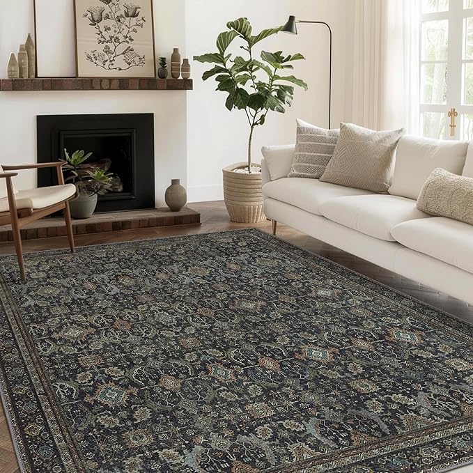 BESBLEE 5X7 Area Rugs Machine Washable Rugs for Living Room, Vintage Boho Large Rugs for Bedroom Dining Room, Non Slip Indoor Soft Distressed Lightweight Thin Low Pile Carpet, Black