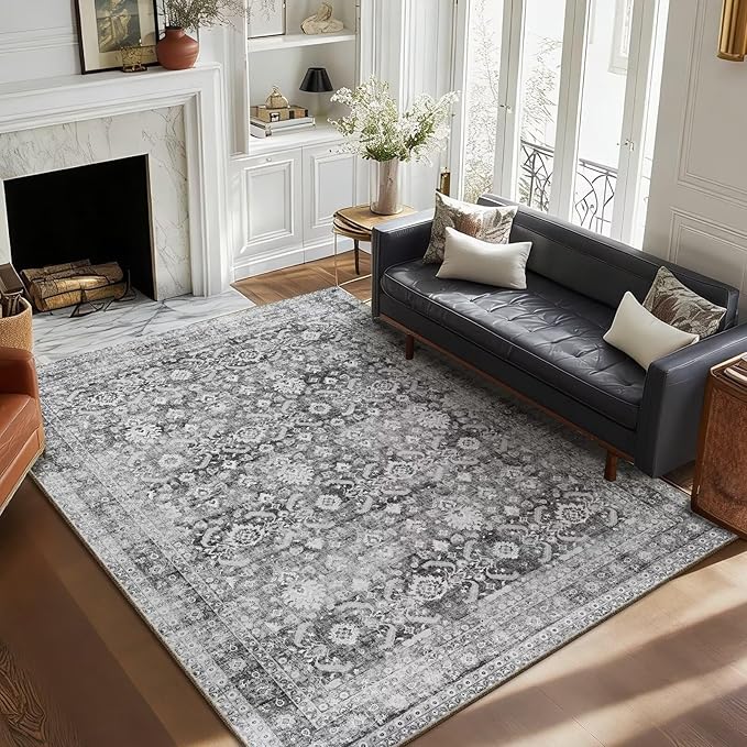Boho Washable 5x7 Area Rugs for Living Room, Cushioned, Grey | Vintage Non-slip Rugs for Bedroom Dining Room Nursery Office, 0.3" Neutral Oriental Throw Thin Carpet, Grey