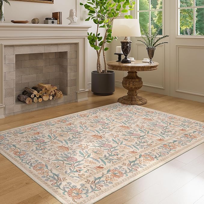 DUKINO 3x5 Rug, Washable Vintage Floral Bedroom Area Rug Non Slip, Beige | Low Pile, Non-Shedding, Stain Resistant Boho Lightweight Soft Indoor Carpet for Bathroom Office Dining Living Room Farmhouse