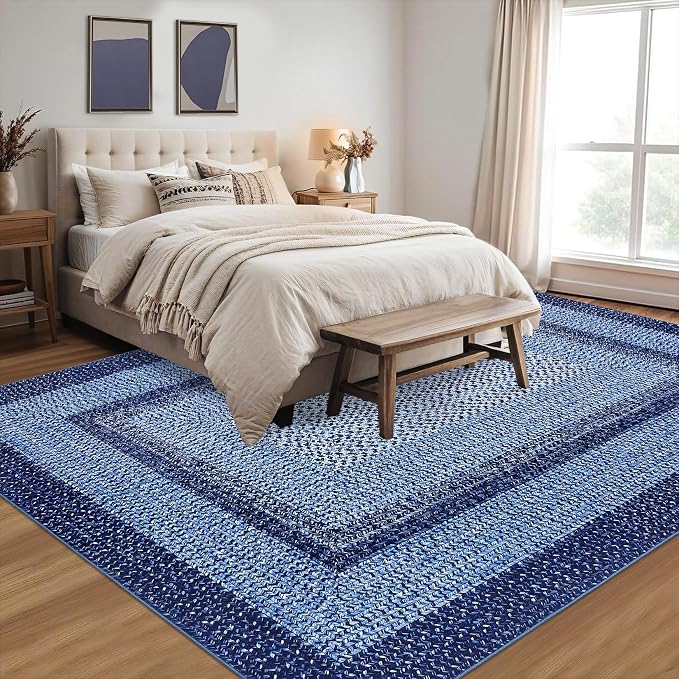 RUGSREAL Large Bedroom Rug 6x9 Machine Washable Rug Throw Floor Cover Farmhouse Rustic Dining Room Carpet Geometric Bordered Braided Carpet for Living Room Home Office, Navy
