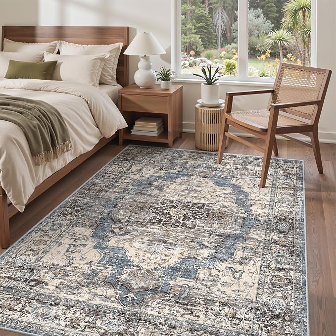 befbee 6x9 Area Rugs for Living Room,Super Soft Ultra-Thin Stain Resistant Machine Washable Rugs for Bedroom,Non-Slip Backing Large Area Rug(Blue/Black,6'x9')