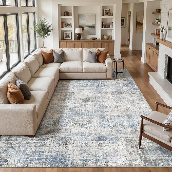 Washable 6x9 Area Rug for Living Room - Modern Abstract Carpet with Non-Slip Backing, Low Pile & Soft, Stain Resistant, Kid & Pet Friendly Decor for Bedroom & Dining Room - Blue Grey