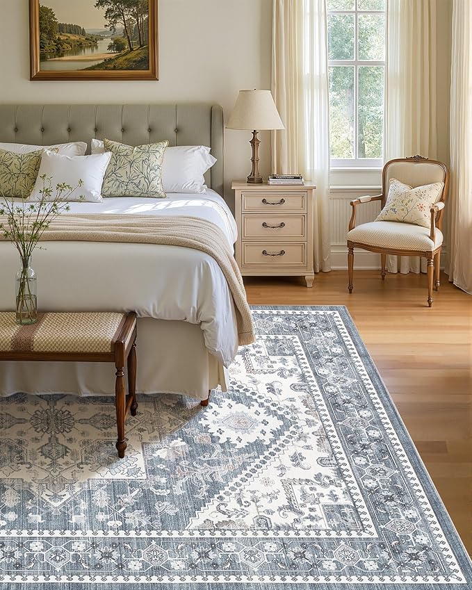 10x14 Vintage Area Rug: Washable Neutral Soft Non Slip Thin Large Floor Carpet for Living Room Bedroom Kitchen Dining Room Home Office Farmhouse Indoor - Blue