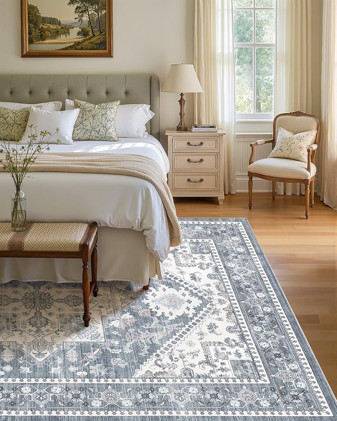 12x15 Vintage Area Rug: Washable Neutral Soft Non Slip Thin Large Floor Carpet for Living Room Bedroom Kitchen Dining Room Home Office Farmhouse Indoor - Blue