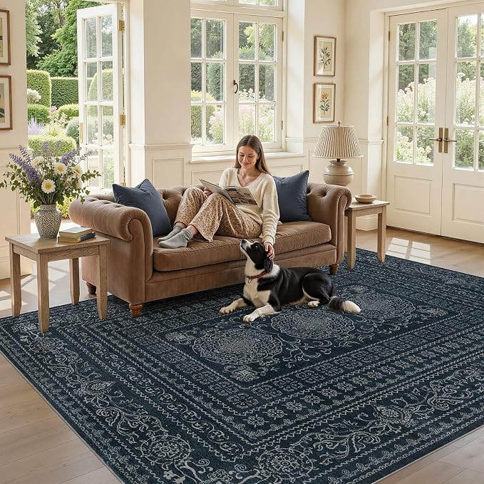 Nakagishi 6x9 Area Rugs Living Room: Washable Large Vintage Rug Neutral Non-Slip Soft Stain Resistant Indoor Carpet for Bedroom Nursery Dining Room Office Playroom - Navy