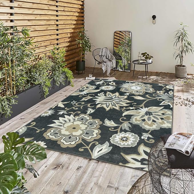 Lahome Black Outdoor Rug 8x10, Non Slip Indoor Outdoor Patio Rug for Camping, Portable Large Outdoor Rugs for Balcony Deck Backyard, RV Mat Outdoor Carpet for Living Room Bedroom,Black