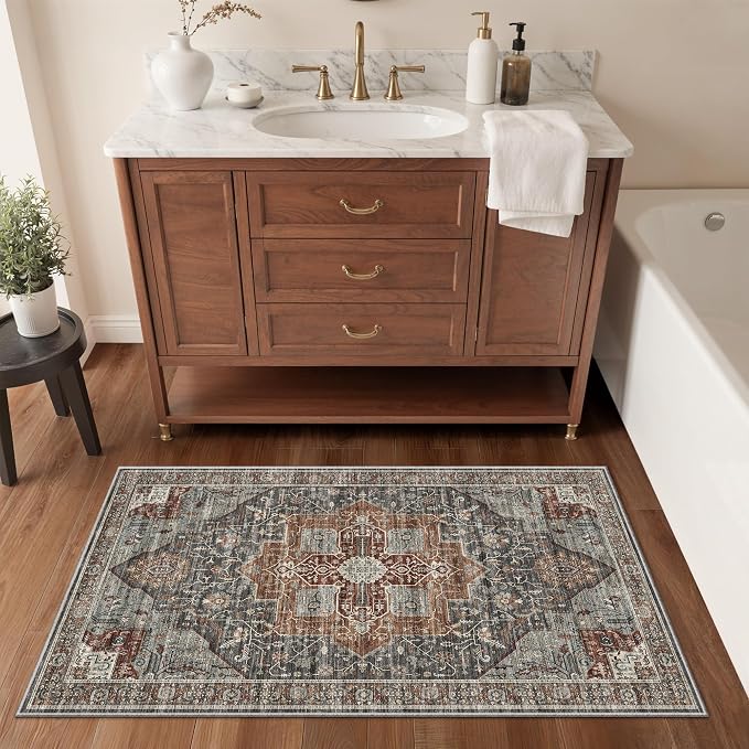 Roxstand Washable Runner Rug 2x4, Non Slip Small Rugs Grey/Brown/Tan | Low Pile Vintage Rug, Stain Resistant,Pet & Kid Friendly, Carpet for Entryway, Bedroom, Kitchen,Laundry and Bathroom