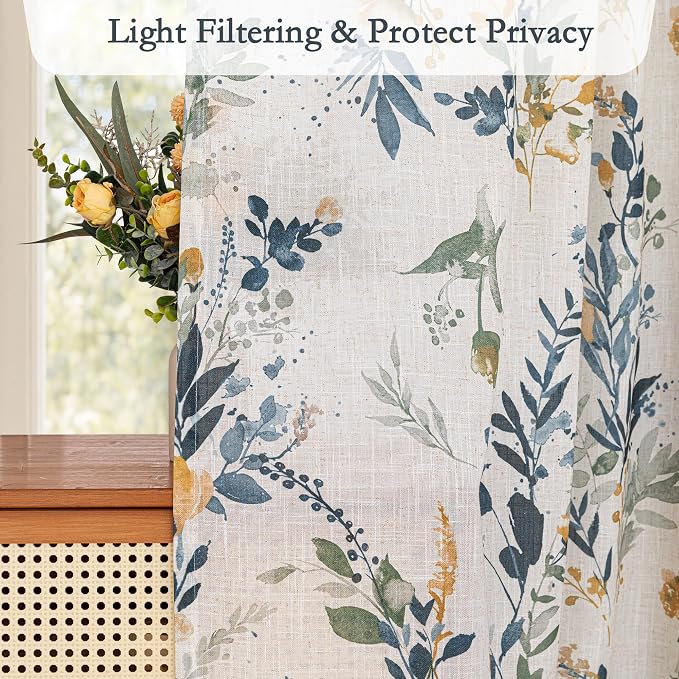 MYSKY HOME Floral Linen Curtain 1 Panel for Living/Dining Room Bedroom Kitchen Semi Sheer Light Filtering Farmhouse Flower Patterned Back Tab Rod Pocket Drapes, (Customsize, Yellow and Blue)