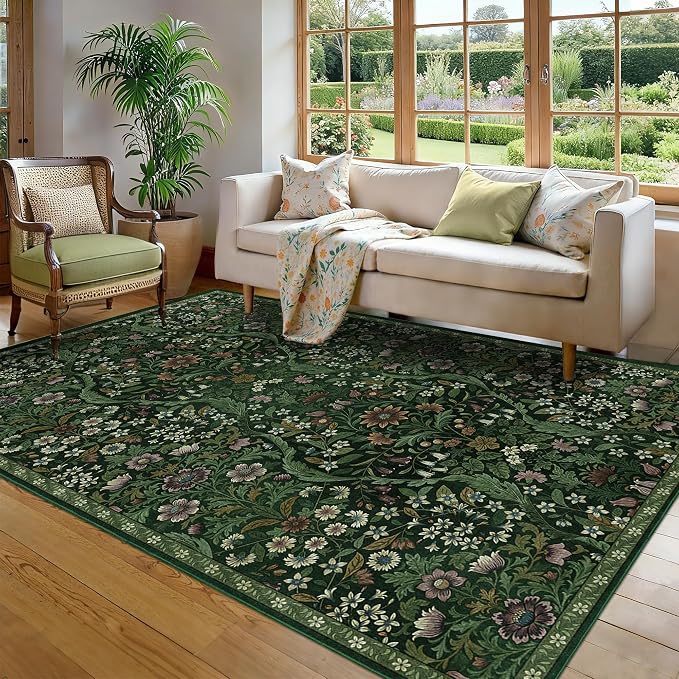 5×8 Area Rugs Dark Green Washable Floral Rug,Vintage Boho Soft Low-Pile Living Room Rugs, Stain Resistant Botanical Non-Slip Carpet for Bedroom,Dining Room, Kids Nursery,Home Decor