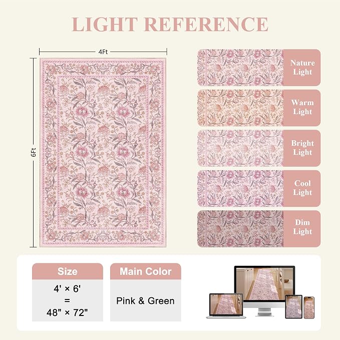 DUKINO 4x6 Area Rug, Washable Vintage Floral Rug for Living Room, Pink | Non Slip, Low Pile, Stain Resistant Boho Lightweight Soft Indoor Carpet for Bedroom Office Dining Room Entryway Farmhouse