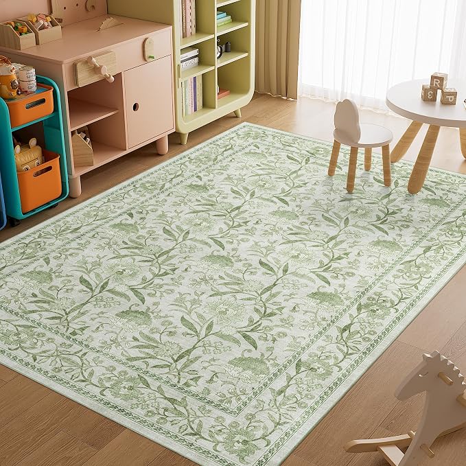 DUKINO 6x9 Area Rug Vintage Floral Washable Rugs for Living Room Sage Green | Non Slip, Low Pile, Non-Shedding, Stain Resistant Soft Large Carpet for Bedroom Home Office Dining Room Farmhouse, Home Decor