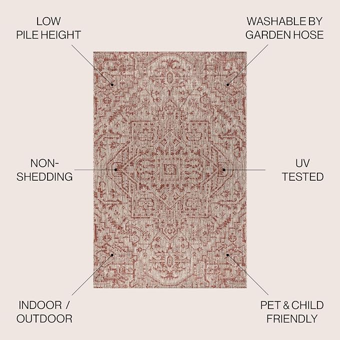 JONATHAN Y Boho Medallion Indoor Outdoor Area Rug 6X9 Red/Taupe, Estrella Textured Weave for Backyard, Patio, Porch, Easy-Cleaning, High Traffic, Pet-Friendly, Non-Shedding (SMB105A-6)