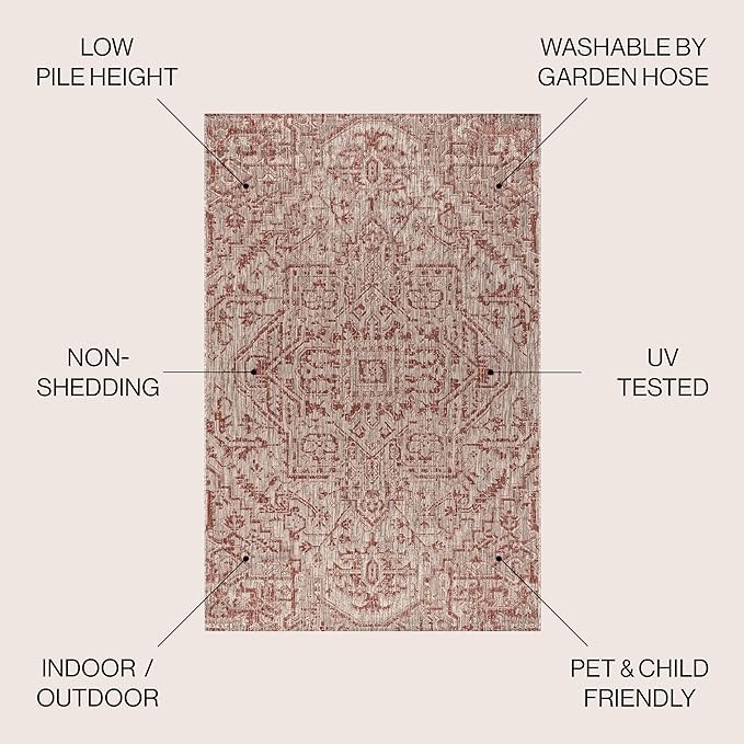 JONATHAN Y Boho Medallion Indoor Outdoor Area Rug 10X14 Red/Taupe, Estrella Textured Weave for Backyard, Patio, Porch, Easy-Cleaning, High Traffic, Pet-Friendly, Non-Shedding (SMB105A-14)
