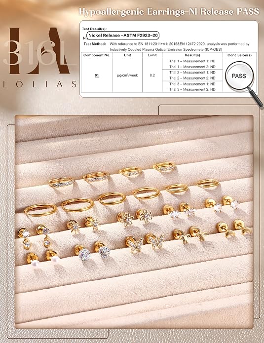 LOLIAS 14K Gold Plated Flat Back Earrings - Hypoallergenic Surgical Stainless Steel Stud Hoop Earrings for Women Girls Cute Stud Earring Set Small Huggie Hoops Cartilage Earring Stacks