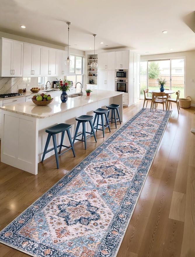 SERISSA Runner Rug for Hallways, 2'6"x18' Washable Non Slip Kitchen Runner Rug, Extra Long Boho Rug Ultra Soft Vintage Blue Orange Print Floor Carpet for Hallway Living Room Dining Room Bedroom