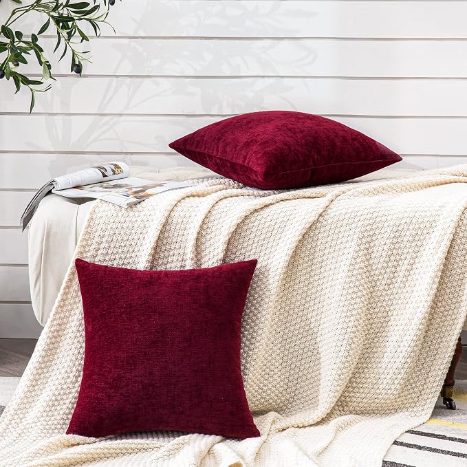 GAWAMAY Decorative Chenille Throw Pillow Covers 24x24 Inch Pack of 2, Soft Square Couch Pillow Cover for Sofa Cushion Living Room Bedroom Pillowcases Burgundy Red 60x60cm (ONLY Covers)