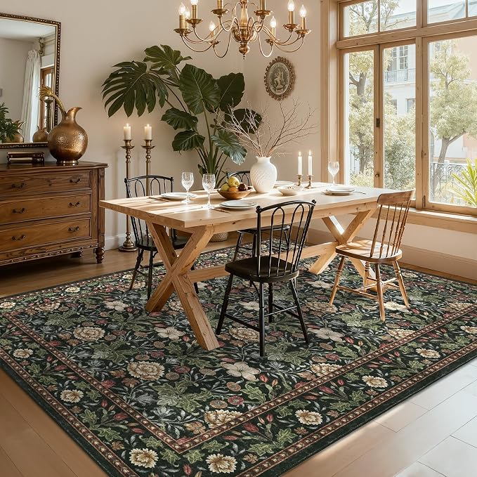 GarveeHome Washable Area Rug 6x9, Soft Vintage Floral Bedroom Rug Non Slip Low Pile Forest Green Carpet Stain Resistant Throw Rug for Bedside Kids Room Office Dining Room