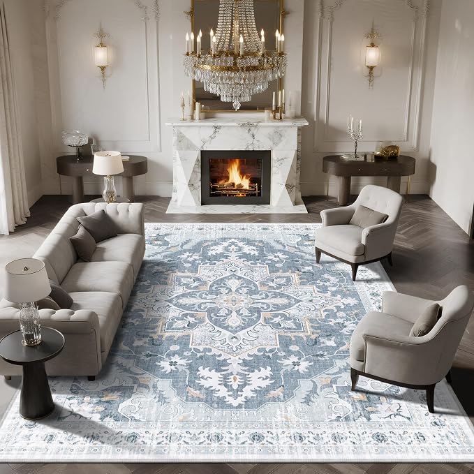 Area Rugs 9x12 Living Room, Soft Non-Slip Vintage Medallion Rug, Low-Pile Printed Washable Area Rugs Blue Gray Rug for Living Room, Bedroom, Dining Room -Blue/Gray