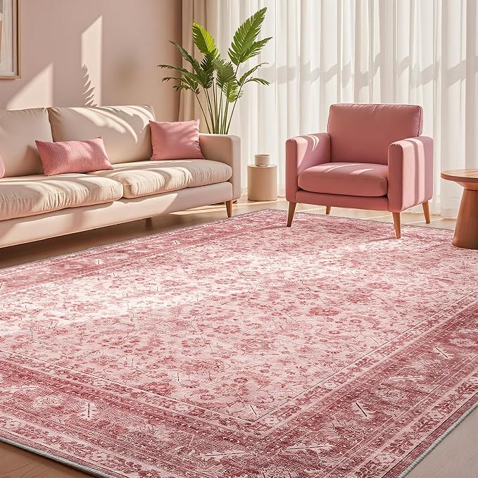 OPPODREAM Vintage Pink Area Rugs 6x9, 6 x 9 Retro Washable Rug Non Slip, Low-Pile Faux Wool Carpet, Distressed Floor Mat for Living Room, Bedroom, Kitchen, Office, Dorm, Dinning Room