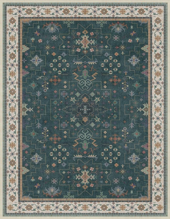 Hazo Haus Vintage Dark Green 7x9 Dining Room Rugs for Under Kitchen Table - Washable Livinig Room Rug - Unique Floral Pastel Low Pile Non-Slip Area Rugs for Bedroom
