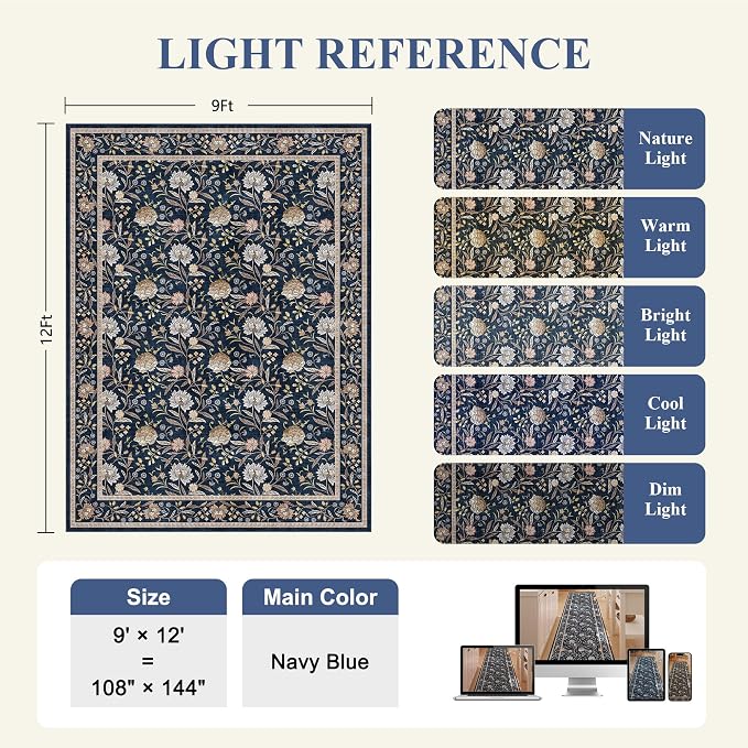 DUKINO 9x12 Area Rug for Living Room Vintage Floral Washable Rug, Navy Blue | Non Slip, Low Pile, Non-Shedding, Stain Resistant, Aesthetic Soft Indoor Large Carpet for Bedroom Dining Room Farmhouse