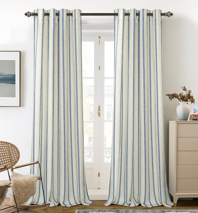DriftAway Farmhouse Stripe Blackout Curtains, W52xL120, Navy Blue | Blackout, Linen Texture, Stripe Pattern, Rod Pocket & Back Tab, Two Layers, Bedroom Living Room Use, Sound Reducing Design
