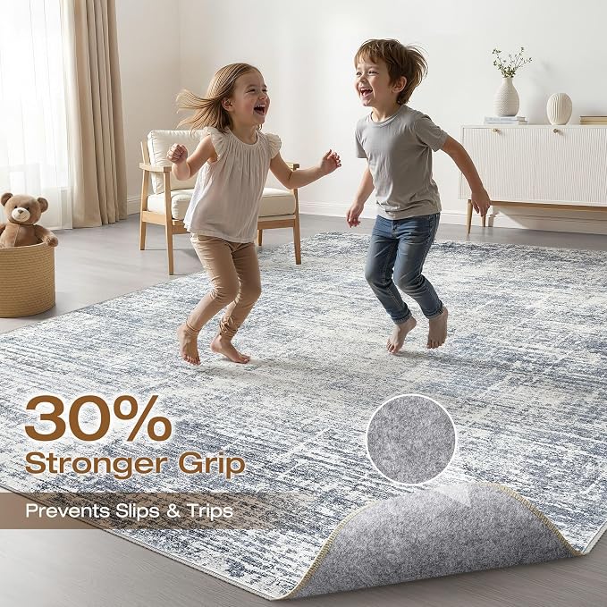 6x9 Area Rugs Living Room: Washable Large Neutral Blue Rug Abstract Soft Modern Stain Resistant Indoor Floor Non-Slip Carpet for Bedroom Nursery Kids Office Playroom Dining Room Under Table Home