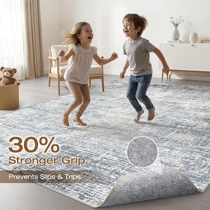 5x7 Area Rugs Living Room: Washable Large Neutral Blue Rug Abstract Soft Modern Stain Resistant Indoor Floor Non-Slip Carpet for Bedroom Nursery Kids Office Playroom Dining Room Under Table Home