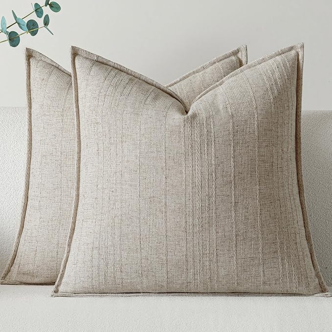 a moment Linen Pillow Covers Set of 2,Boho Farmhouse Throw Pillowcases Neutral Textured Decorative Covers for Couch Sofa, Soft Linen Blend Accent Case Cushion Living Room Home Decor 22"x22"Khaki