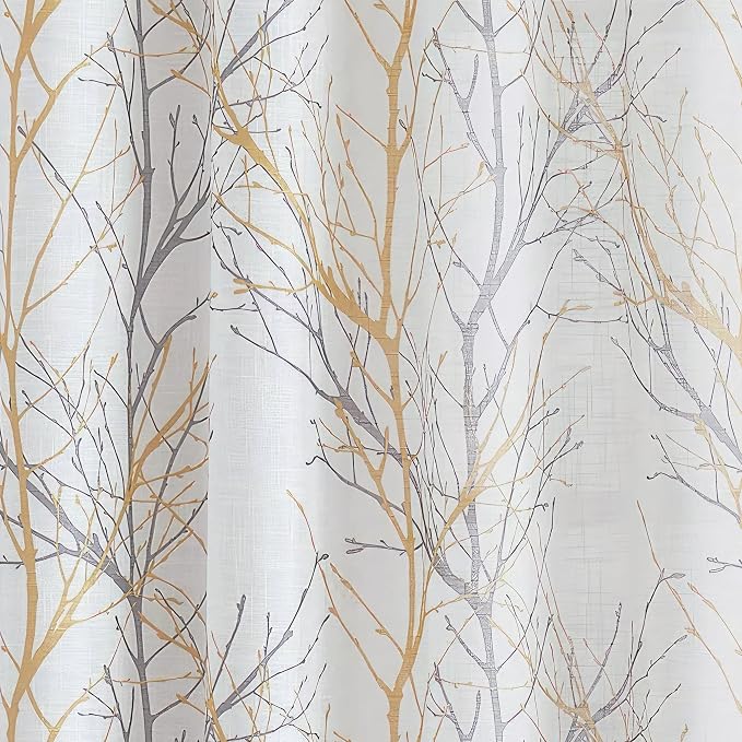 FMFUNCTEX Linen Yellow White Semi Sheer Print Curtains 84 Inch 2 Panels | Tree Branch Sheer Patterned Drapes, Light Filtering Grommet Panels for Bedroom, Living Room, Kitchen, and Farmhouse Curtain