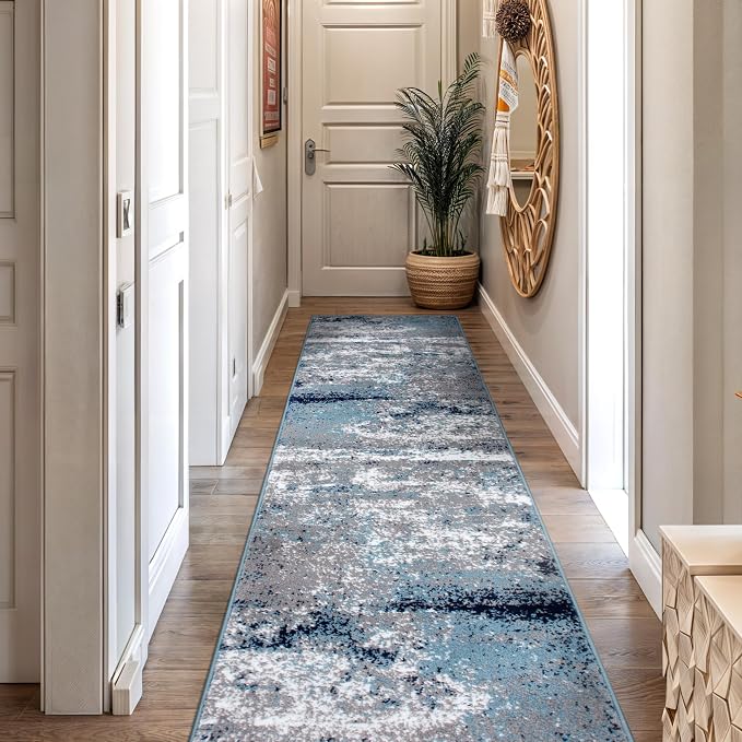 Rugshop Watercolor Distressed Modern Bohemian Runner Rug Blue 2' x 10'